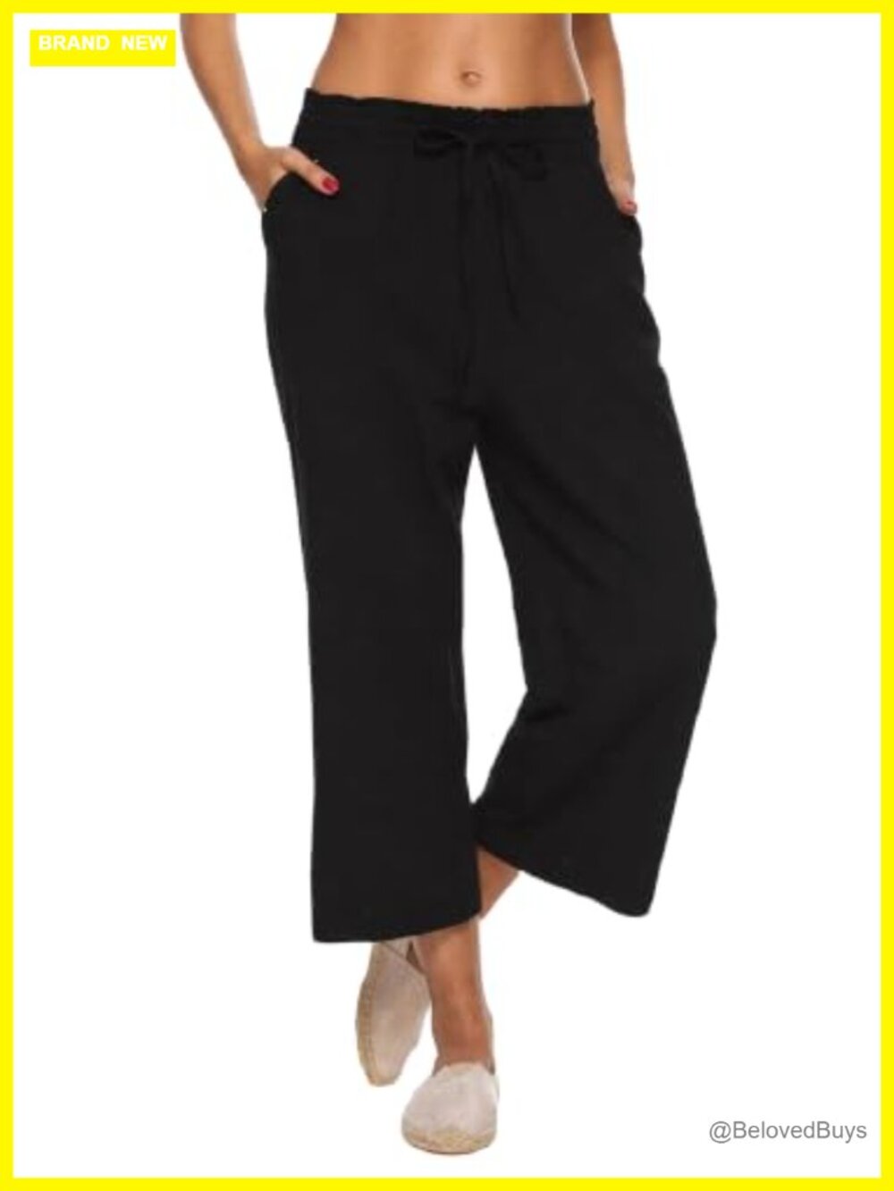 Linen Cotton Wide Leg High Waist Capri Pants with Pockets